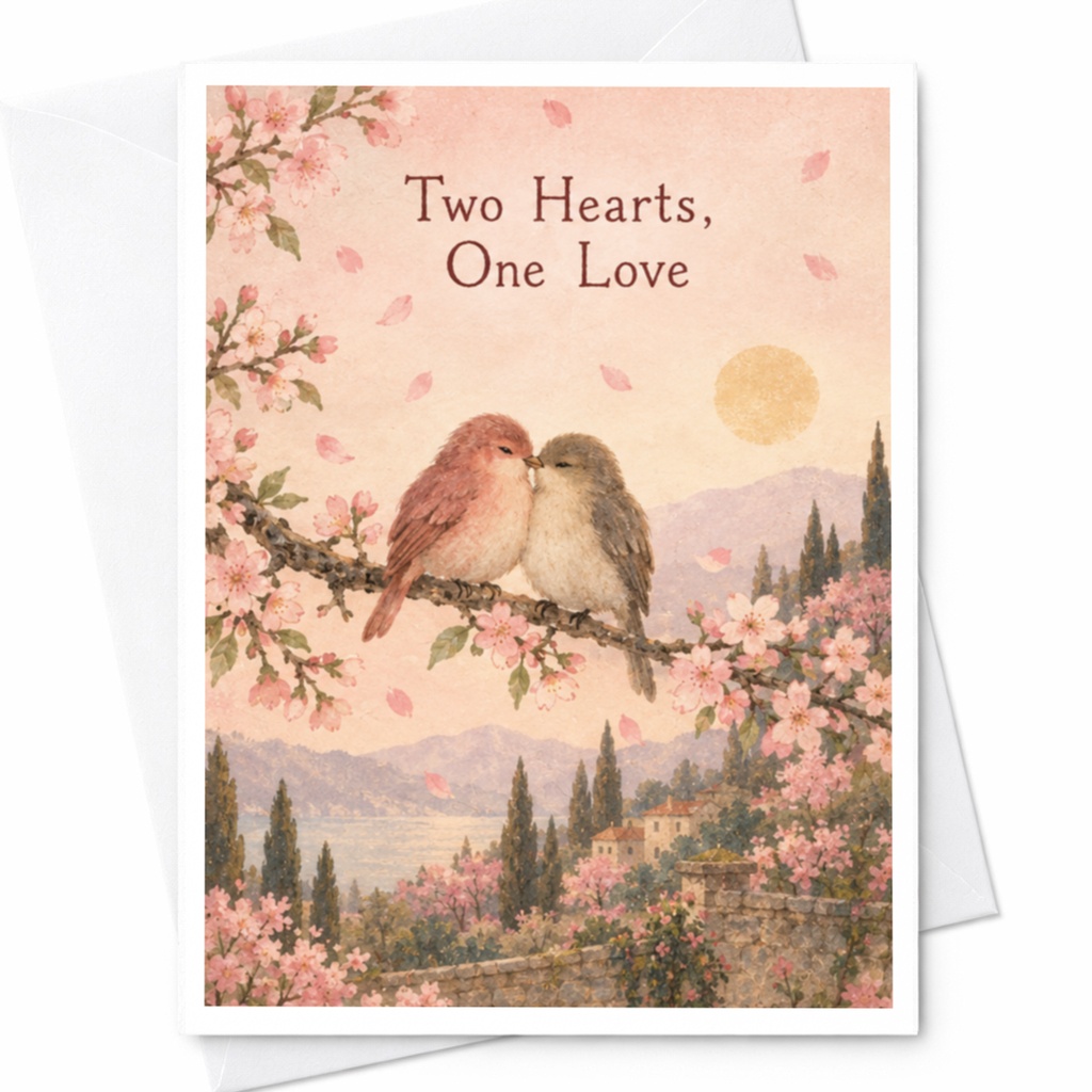 Two Hearts, One Love Wedding Card Romantic Greeting Card For Couple Cute Love Birds Anniversary Card Nature Scene C10301