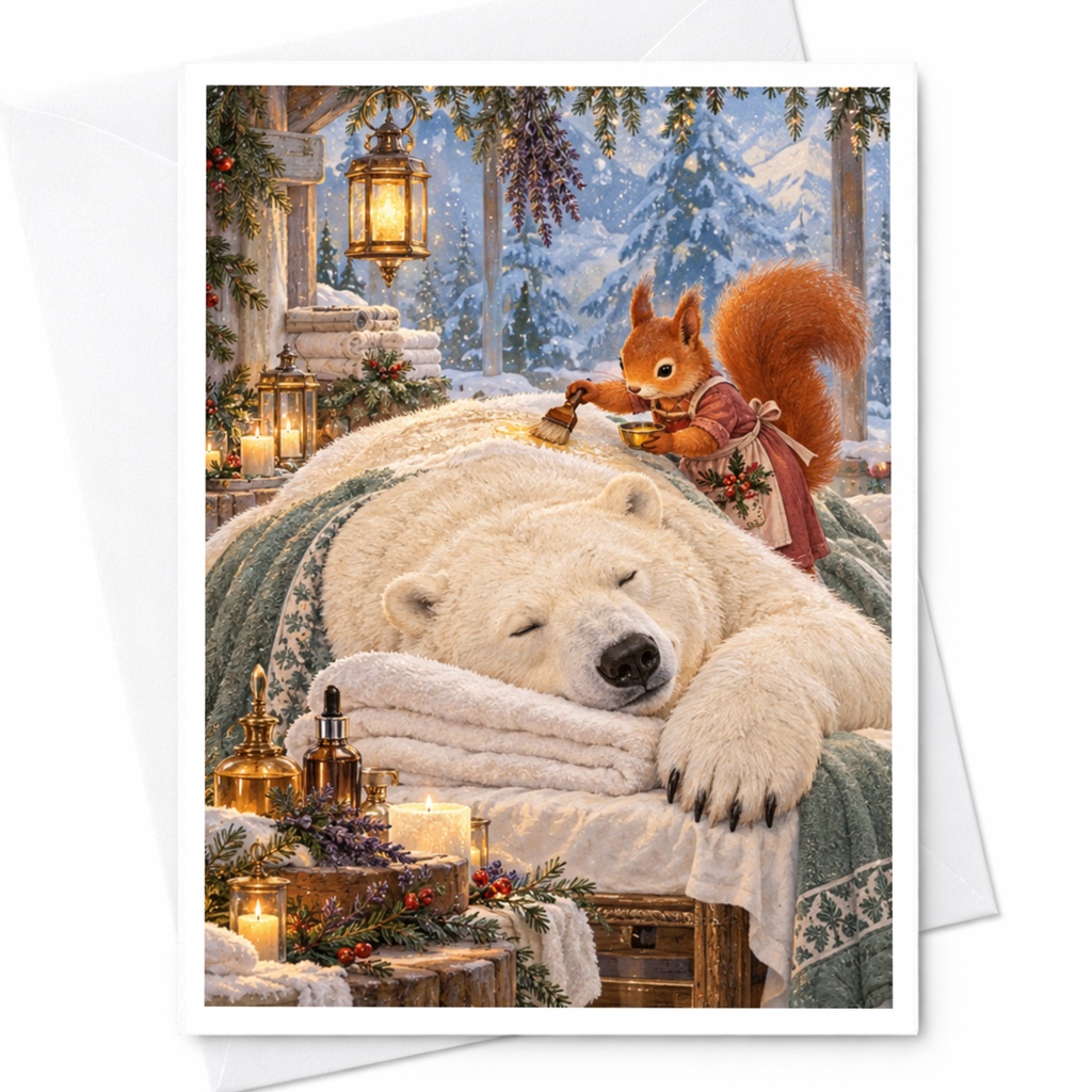 Polar Bear And Squirrel Christmas Card Cozy Winter Scene Greeting Card Animal Lover Holiday Card Cute Woodland Illustration C10373