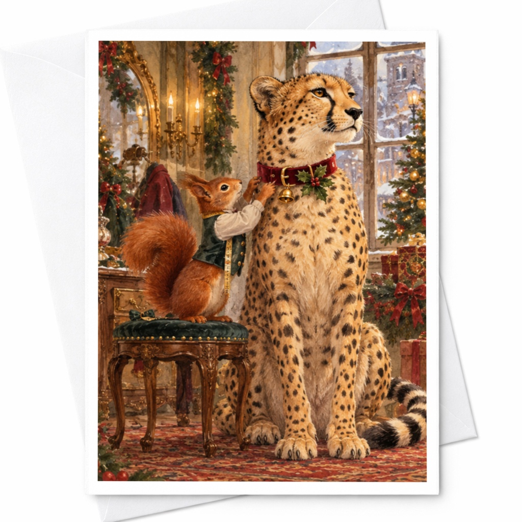 Festive Squirrel And Cheetah Christmas Card Cute Animal Holiday Greeting Card Woodland Wildlife Art For Animal Lover C10376