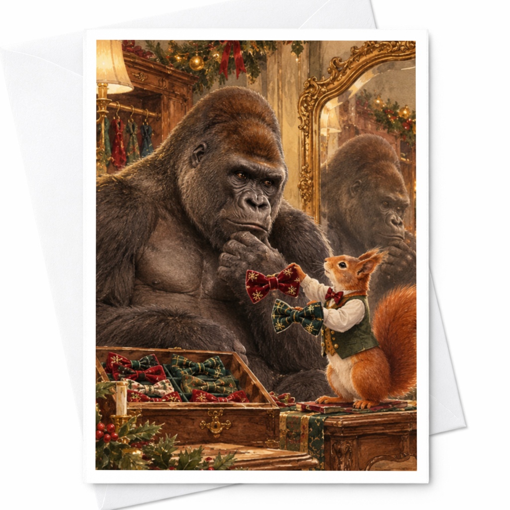 Gorilla And Squirrel With Bowties Blank Greeting Card Cute Animal Card For Wildlife Lover Christmas Holiday Card C10377