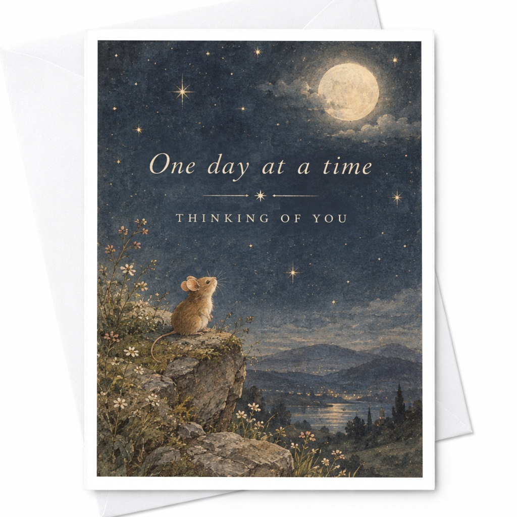 One Day At A Time Thinking Of You Card Mouse Under Night Sky Encouragement Card For Friend Supportive Greeting Card C10309