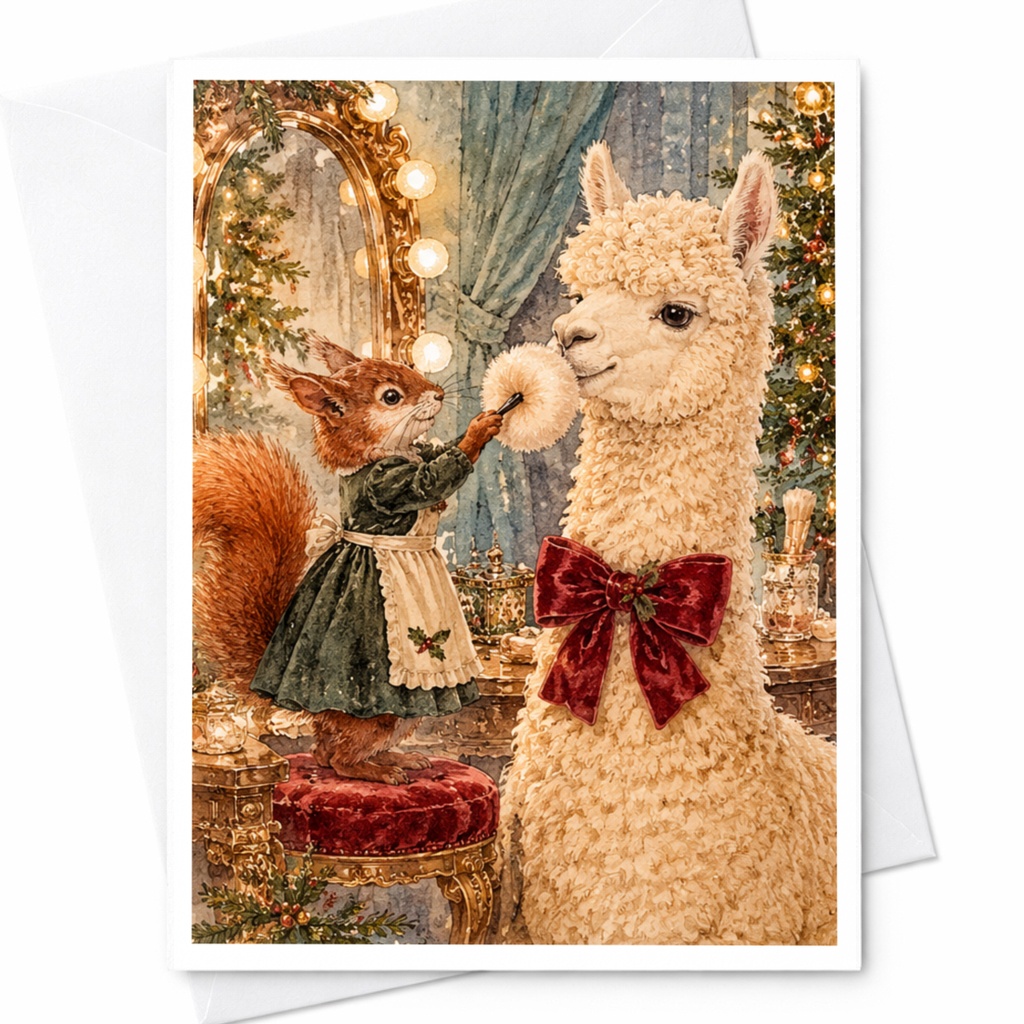 Squirrel And Llama Christmas Card Cute Animal Holiday Greeting Card Festive Illustration For Animal Lover Adorable Seasonal Card C10379