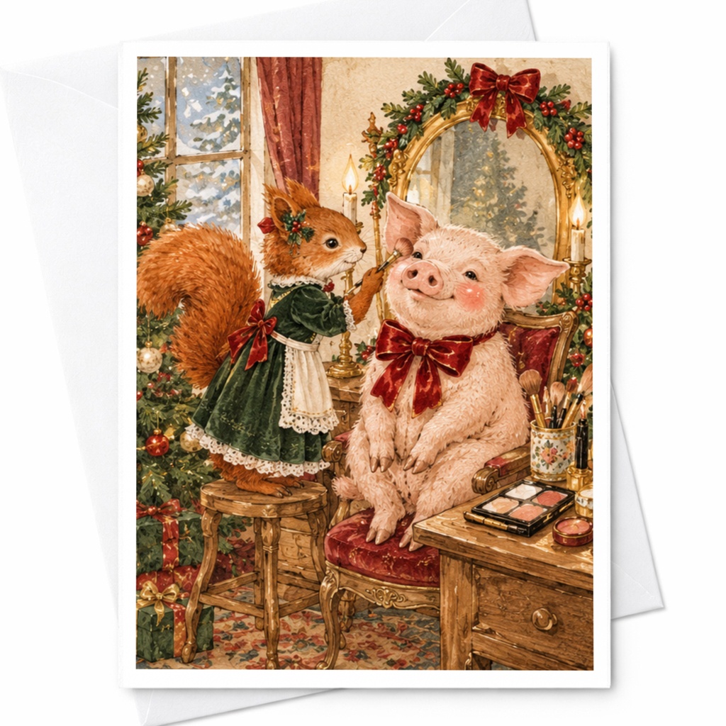 Squirrel And Pig Christmas Card Cute Animal Holiday Greeting Card Festive Woodland Scene For Animal Lover Adorable Xmas Card C10380