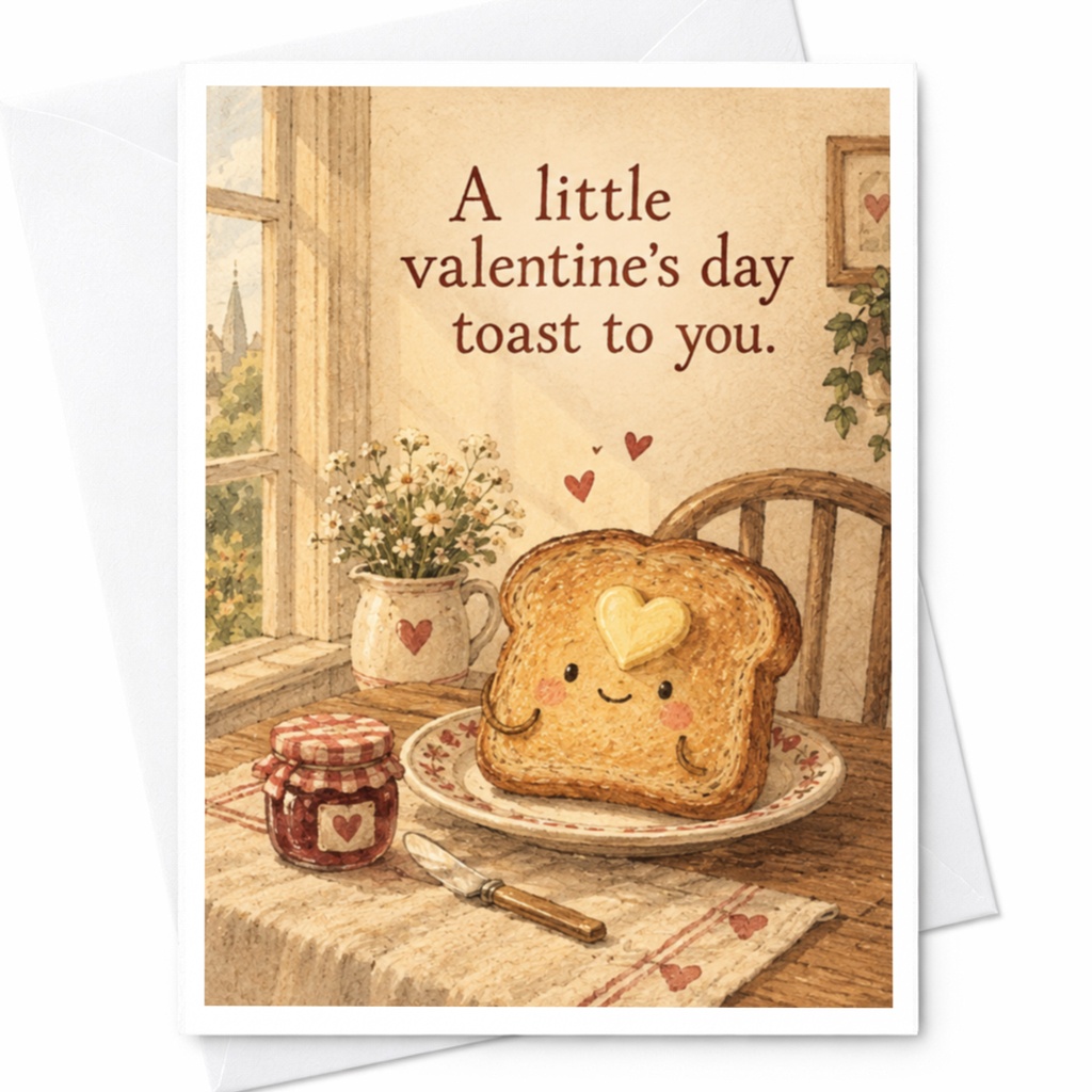 A Little Valentine's Day Toast To You Cute Valentine's Day Card Adorable Toast Illustration For Her Romantic Greeting Card C10314
