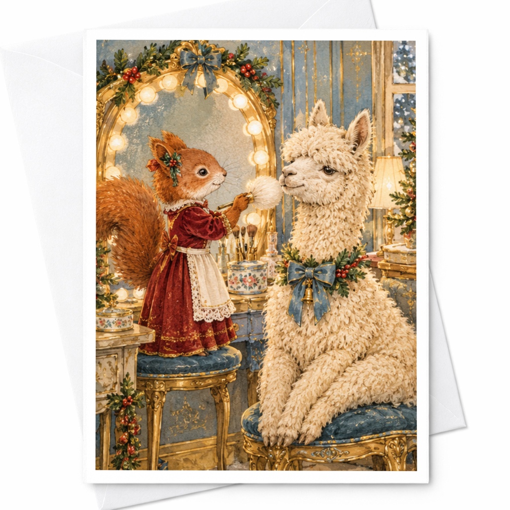 Squirrel And Llama Christmas Card Festive Animal Greeting Card Cute Holiday Card For Animal Lover Whimsical Winter Scene C10381
