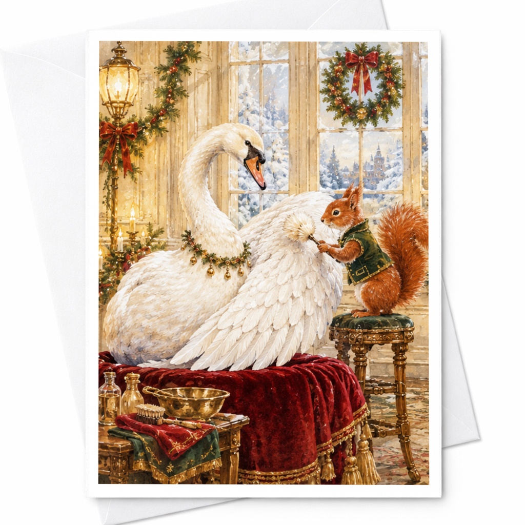 Swan And Squirrel Christmas Card Festive Animal Greeting Card Winter Holiday Card For Nature Lover Cute Seasonal Card C10382