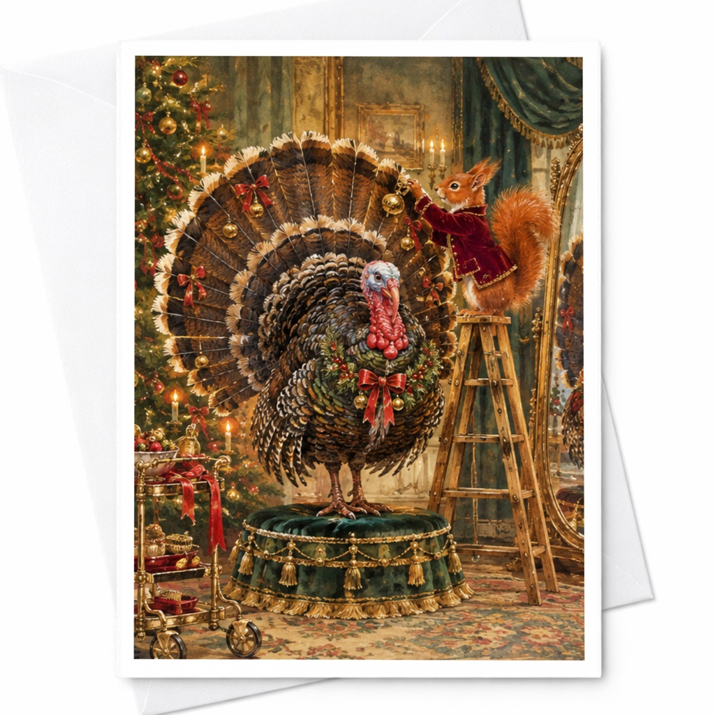 Festive Turkey And Squirrel Christmas Card Holiday Greeting Card Cute Animal Lover Card Woodland Scene Christmas Decor C10383