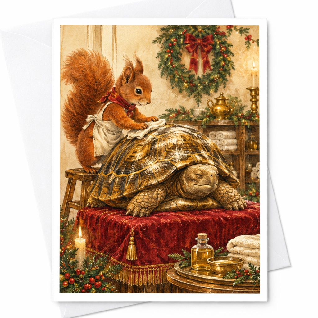 Squirrel Polishing Tortoise Shell Christmas Greeting Card Woodland Animal Holiday Card Cute Festive Card For Nature Lover C10320