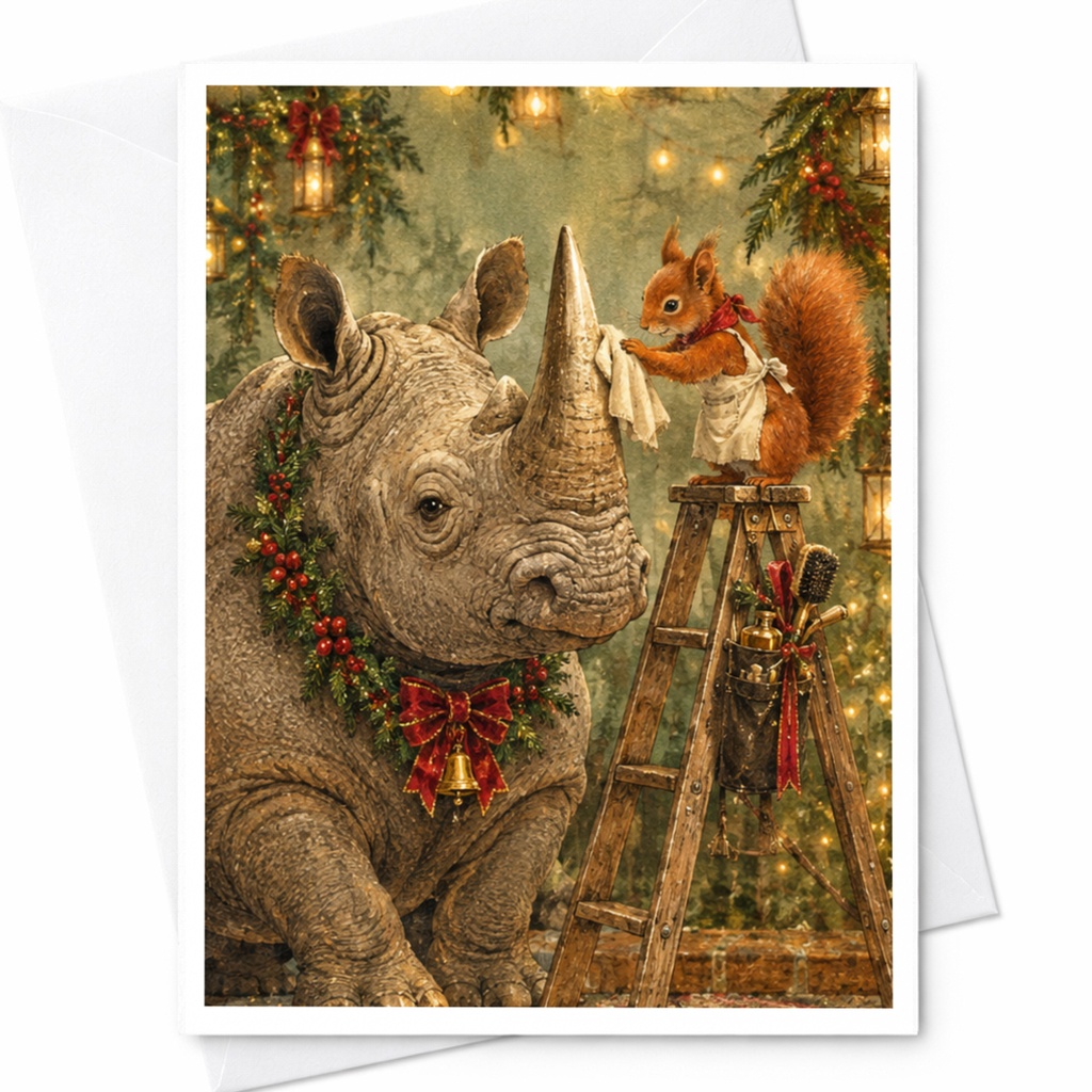 Rhino And Squirrel Christmas Card Cute Animal Holiday Greeting Card Festive Wildlife Art For Animal Lover Seasonal Card C10321