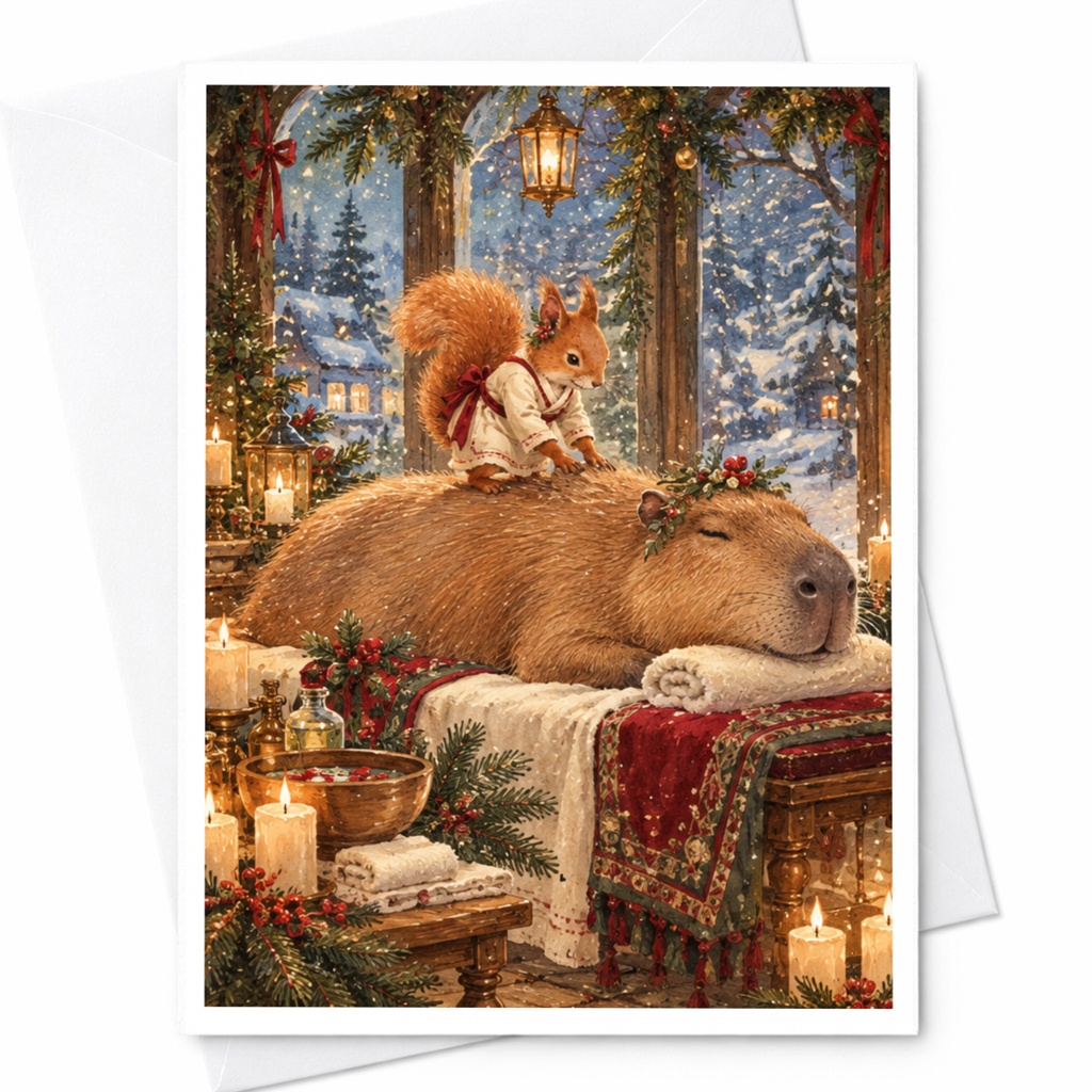 Squirrel And Capybara Winter Scene Christmas Card Cute Animal Holiday Greeting Card Woodland Friends Festive Card For Animal Lover C10323