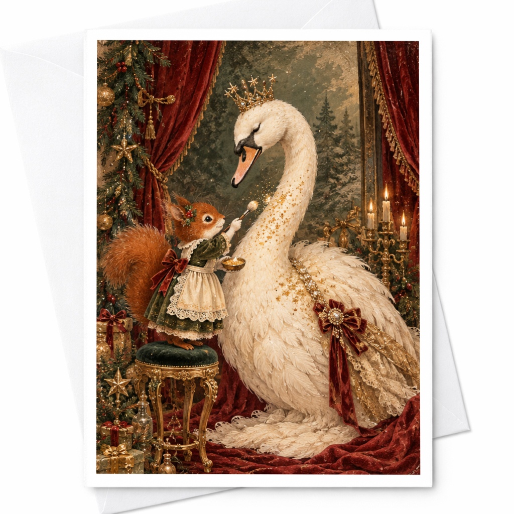 Squirrel And Swan Christmas Card Festive Animal Greeting Card Holiday Card For Animal Lover Cute Winter Scene C10325