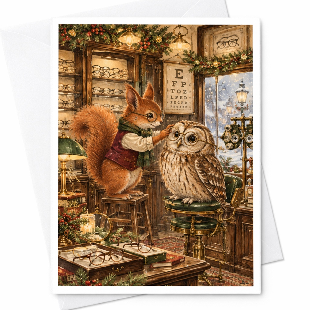 Squirrel And Owl Christmas Card Cute Animal Holiday Greeting Card Woodland Winter Scene For Animal Lover Festive Card C10326