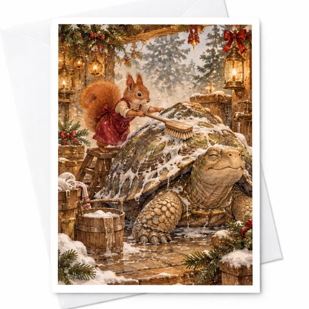Squirrel Washing Turtle Christmas Card Cute Animal Holiday Greeting Card Woodland Scene For Nature Lover Festive Winter Card C10330