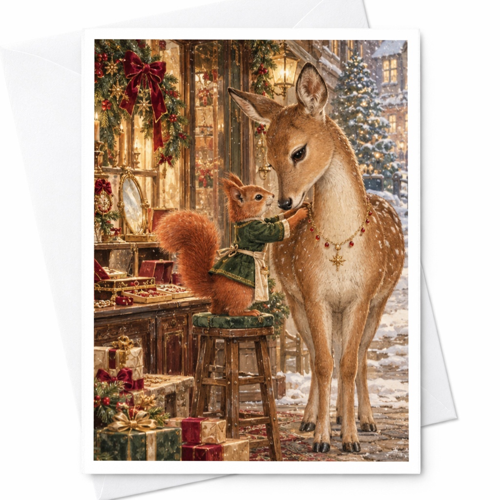 Squirrel And Deer Christmas Card Cute Animal Holiday Greeting Card Woodland Scene Festive Winter Card For Nature Lover C10332