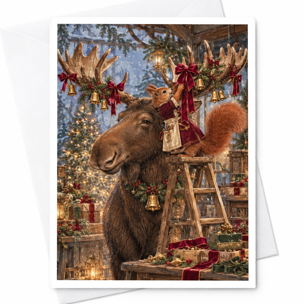 Moose And Squirrel Christmas Card Cute Animal Holiday Greeting Card Festive Winter Scene For Animal Lover Woodland Theme C10333