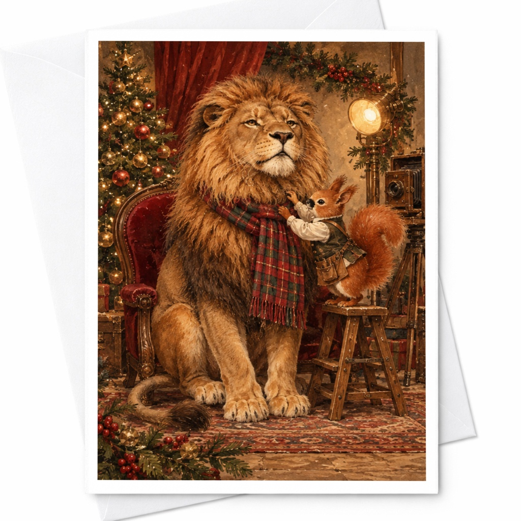 Lion And Squirrel Christmas Card Festive Animal Greeting Card Holiday Card For Animal Lover Cute Woodland Scene C10334