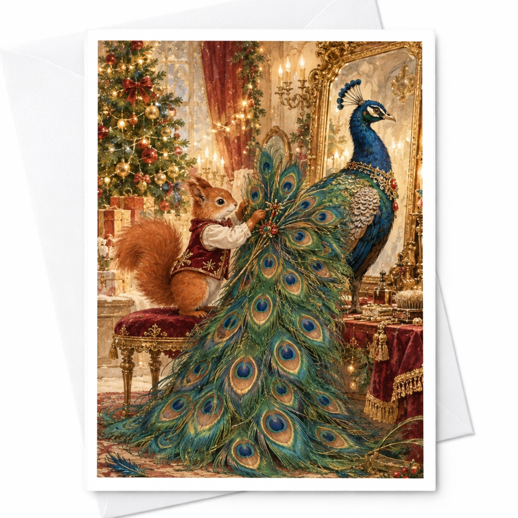 Squirrel And Peacock Christmas Card Festive Animal Greeting Card Holiday Season For Animal Lover Cute Winter Scene C10336