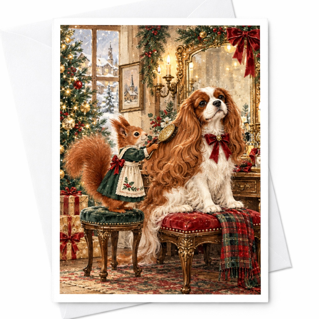Squirrel Brushing Dog's Hair Christmas Card Cute Holiday Greeting Card For Animal Lover Festive Winter Scene Adorable C10340
