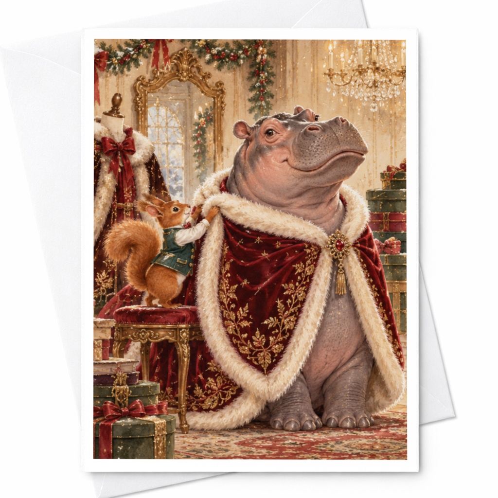Hippo And Squirrel Regal Attire Blank Greeting Card Cute Animal Illustration Christmas Card For Animal Lover Whimsical Art C10343