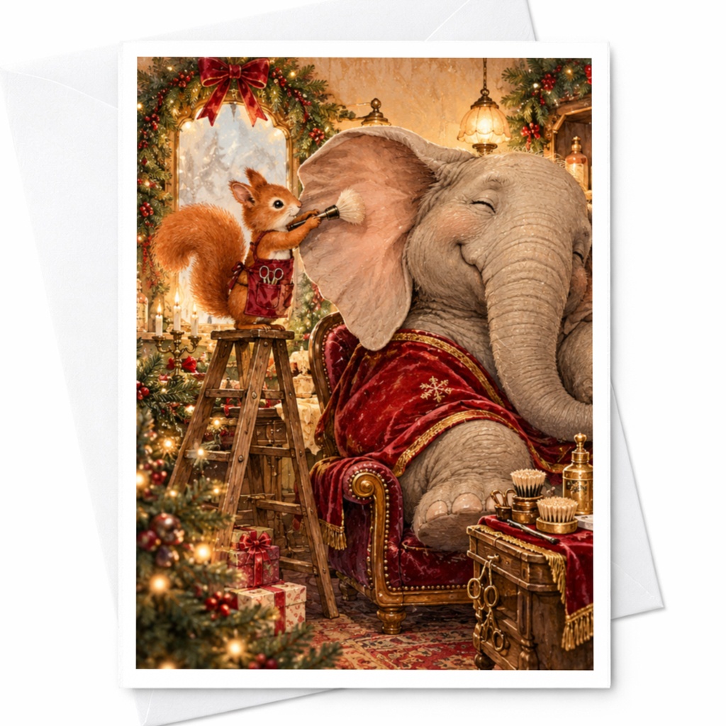 Squirrel And Elephant Christmas Card Cute Animal Holiday Greeting Card Festive Scene For Animal Lover Whimsical Winter Card C10350