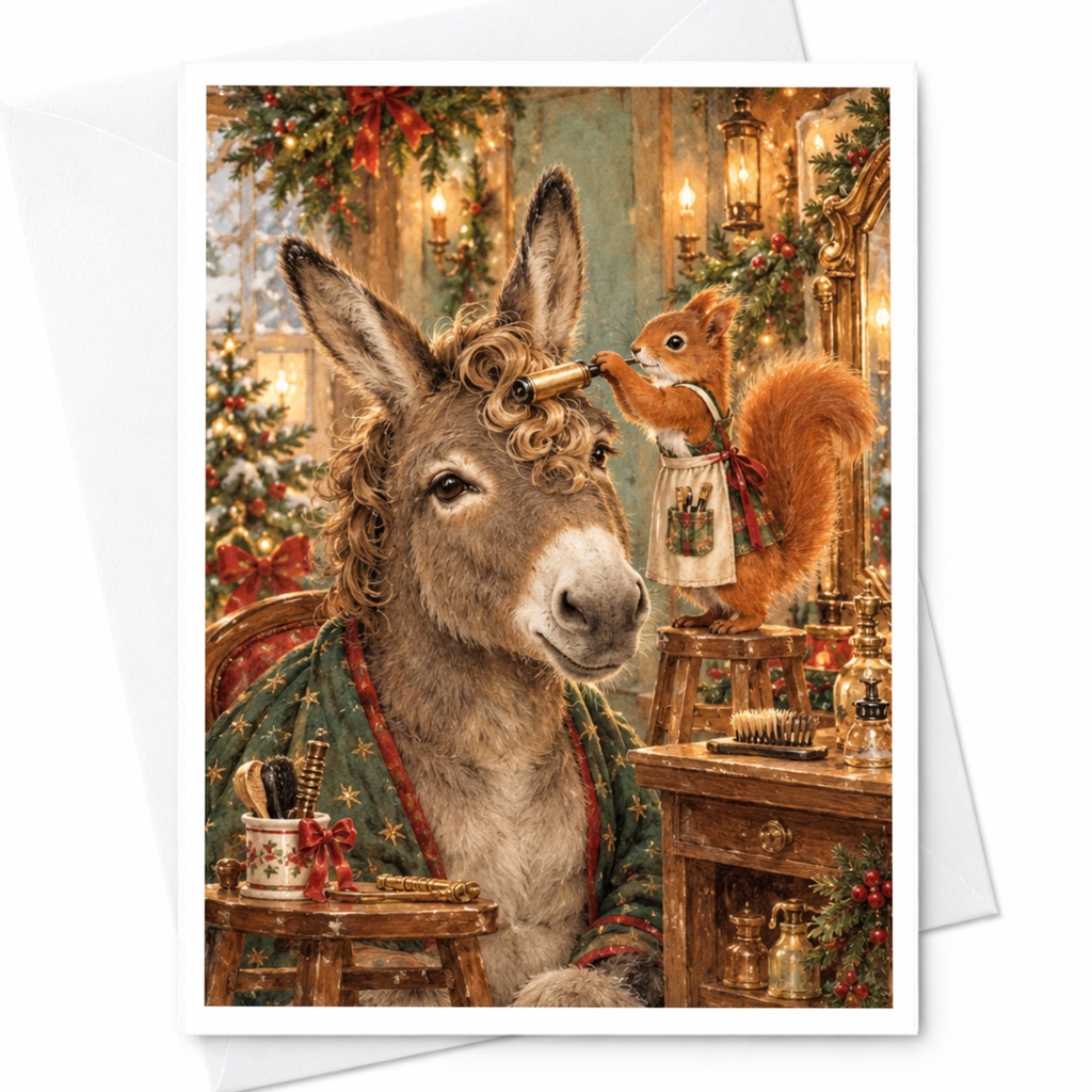 Festive Donkey And Squirrel Christmas Card Cute Animal Holiday Greeting Card For Animal Lovers Whimsical Winter Scene C10353