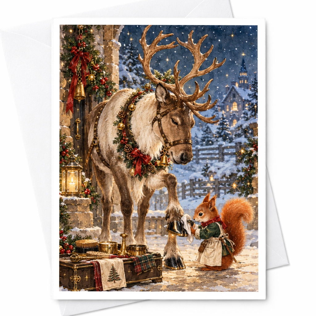 Reindeer And Squirrel Christmas Card Winter Scene Holiday Greeting Card Cute Animal For Nature Lovers Festive Card C10355