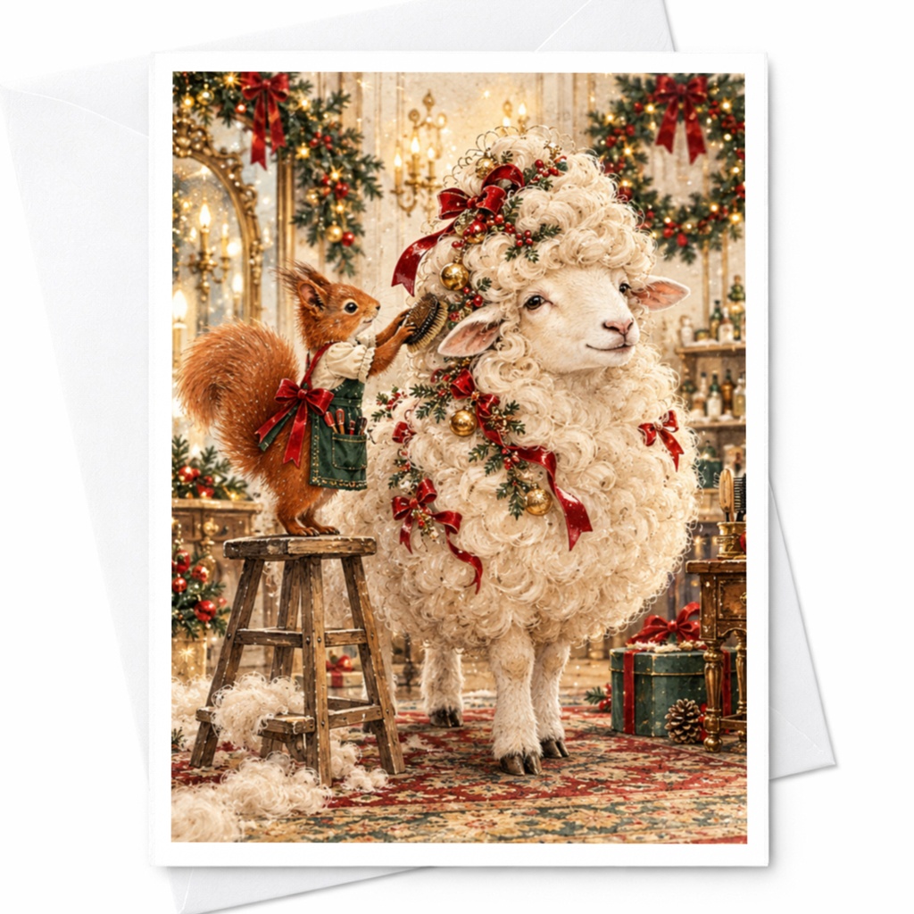Squirrel And Sheep Christmas Card Cute Animal Holiday Greeting Card Festive Winter Scene For Animal Lover Adorable Xmas Card C10356