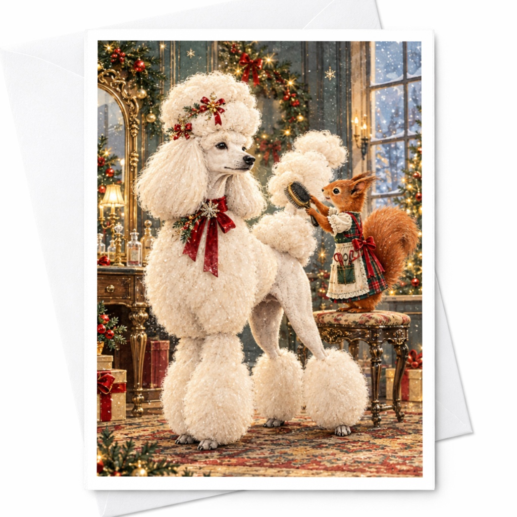 Festive Poodle And Squirrel Christmas Card Cute Animal Holiday Greeting Card For Dog Lover Adorable Winter Scene C10357