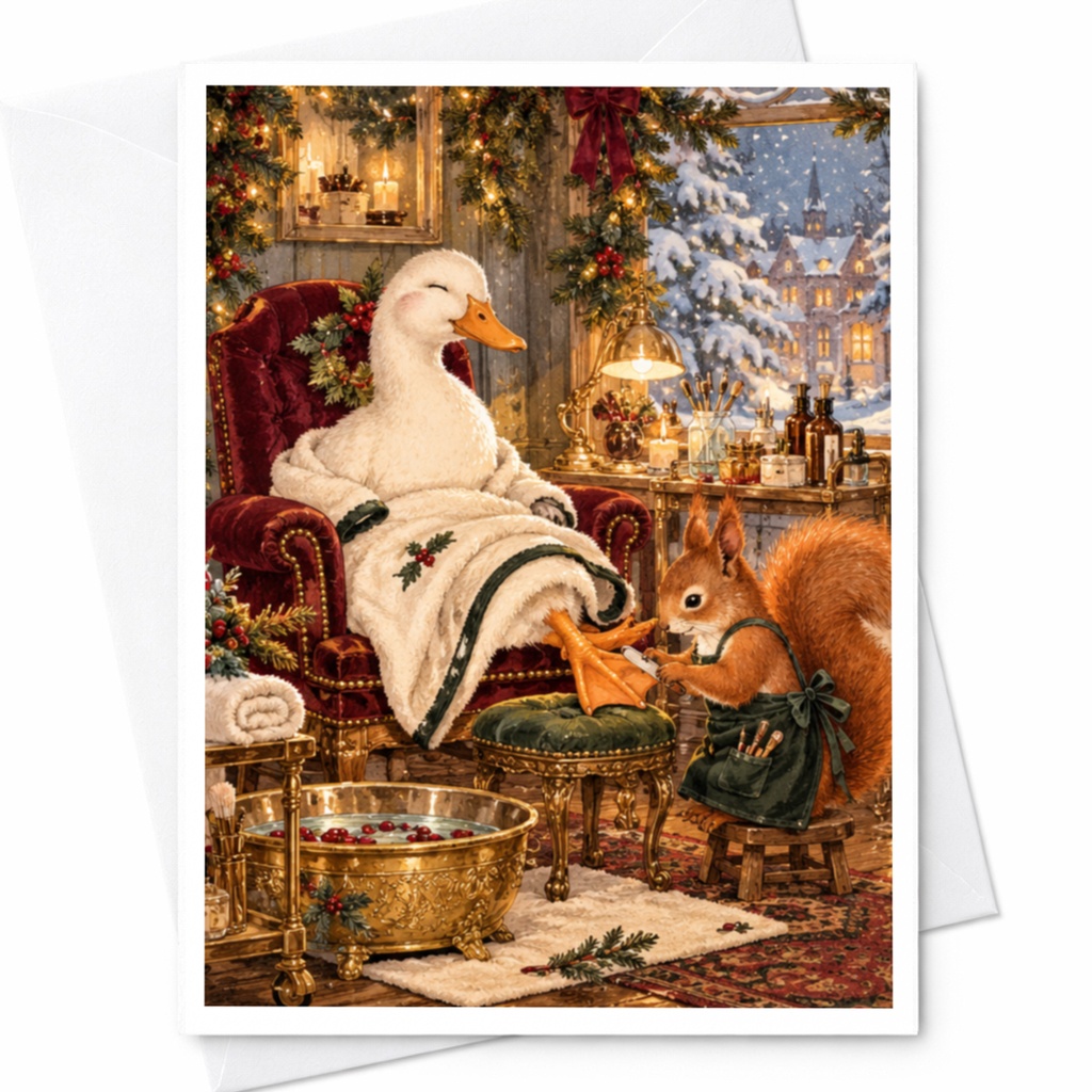 Duck And Squirrel Spa Scene Blank Greeting Card Cute Animal Card For Friend Cozy Winter Illustration Everyday Card C10387