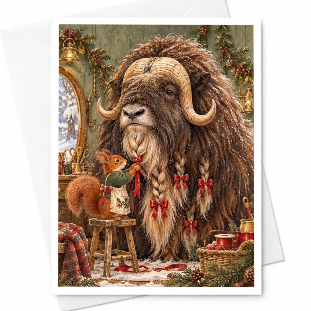 Squirrel And Musk Ox Christmas Card Cute Animal Holiday Greeting Card Woodland Winter Scene Festive Card For Animal Lover C10363