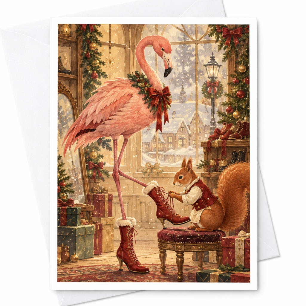 Flamingo And Squirrel Christmas Card Festive Animal Greeting Card Cute Holiday Card For Animal Lover Winter Scene C10364