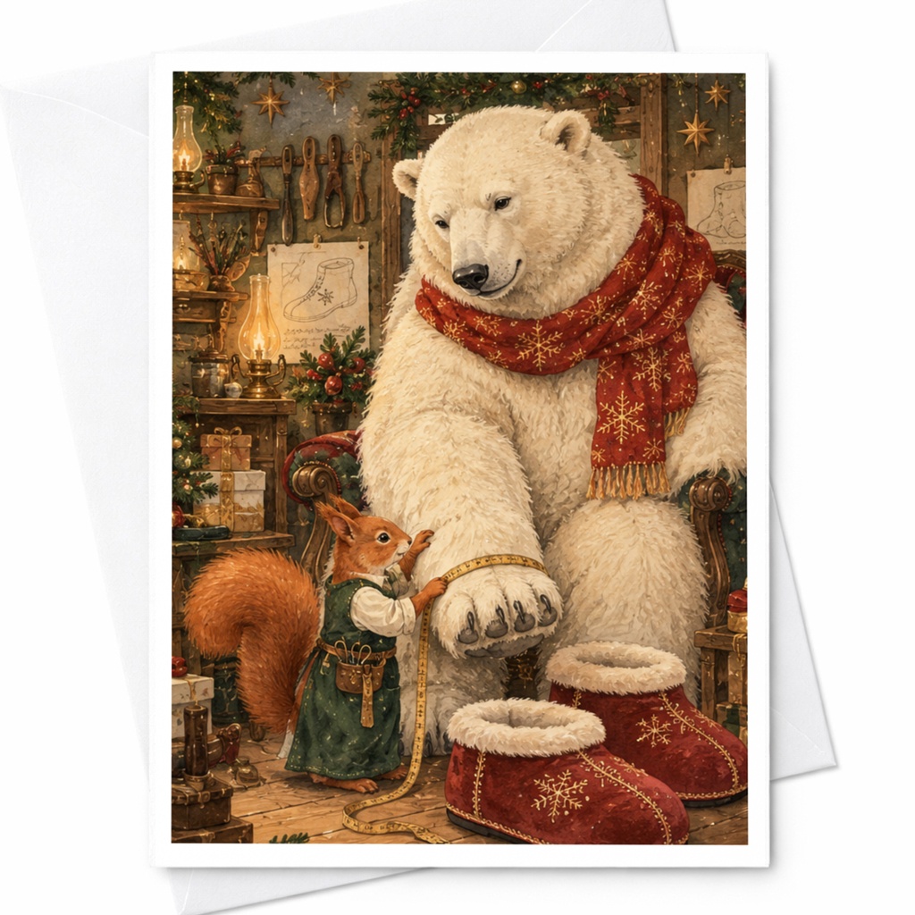 Polar Bear And Squirrel Christmas Card Festive Holiday Greeting Card Cute Animal Illustration Winter Scene For Animal Lover C10365