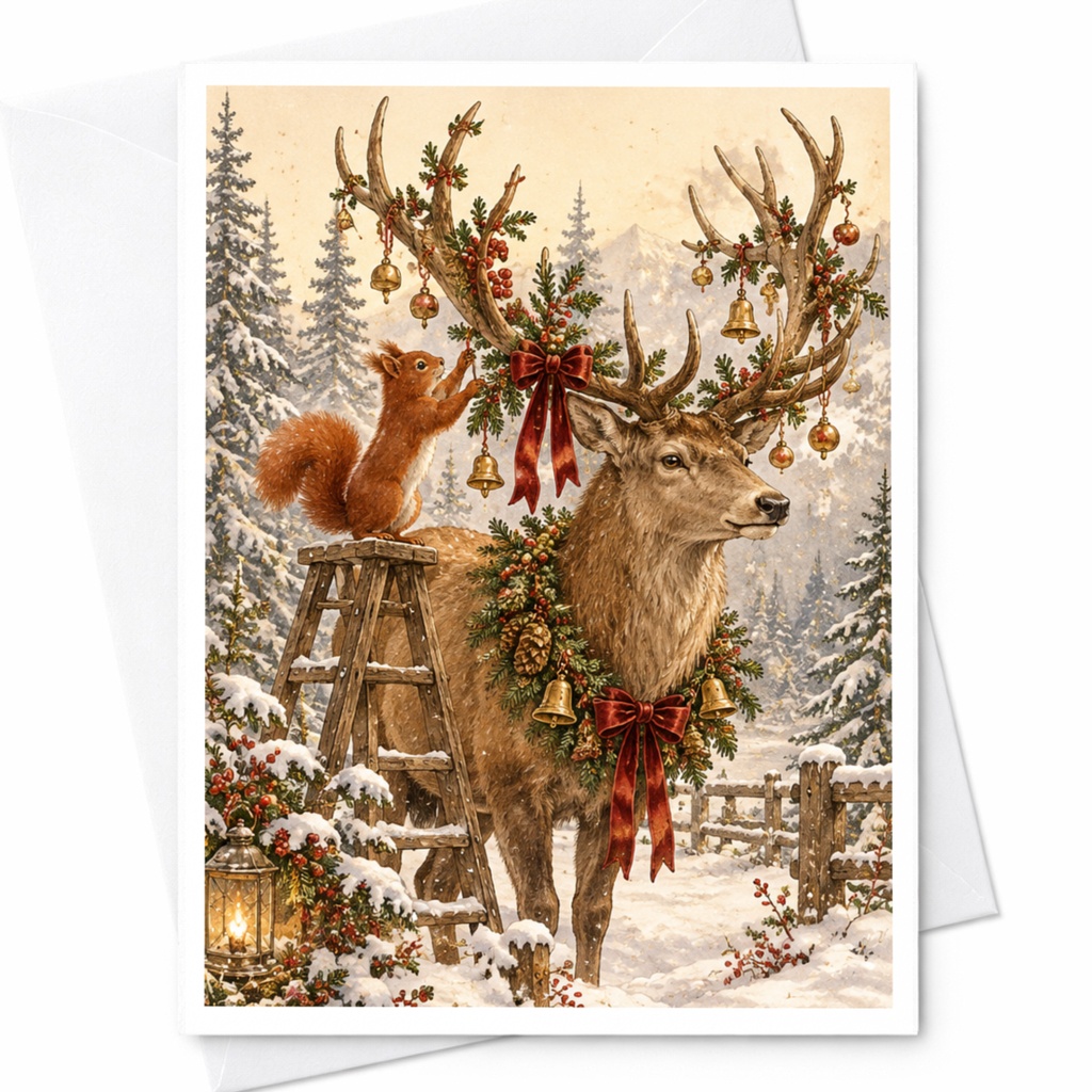 Deer With Decorated Antlers Christmas Card Woodland Animal Holiday Greeting Card Cute Winter Scene For Nature Lover C10366