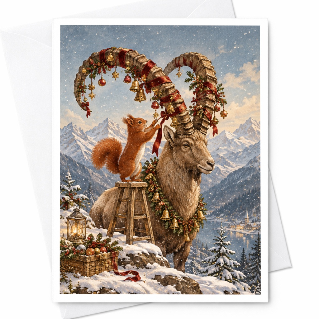 Squirrel Decorating Reindeer Christmas Card Cute Animal Holiday Greeting Card Winter Scene For Nature Lover Festive Card C10367