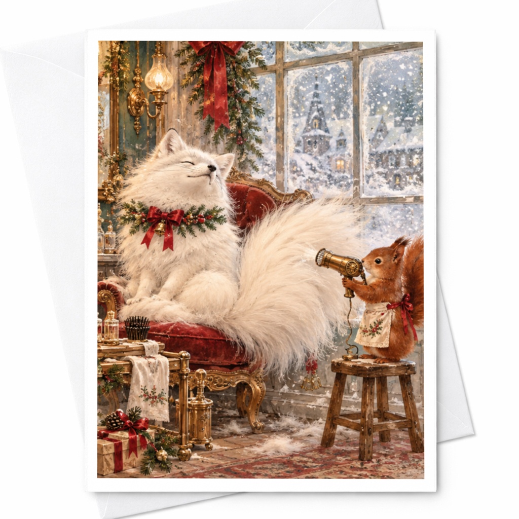 Festive Cat And Squirrel Christmas Card Cute Animal Holiday Greeting Card Winter Scene For Animal Lover Cozy Seasonal Card C10368
