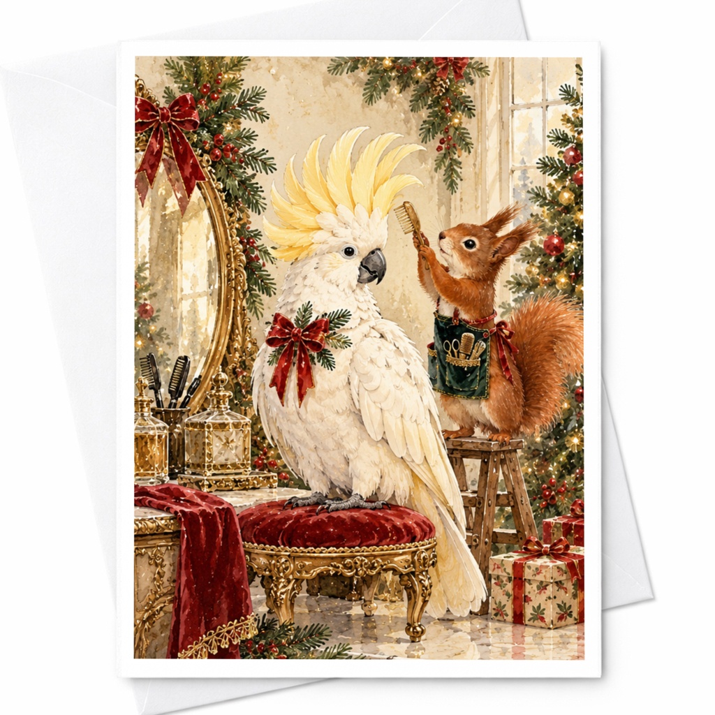 Parrot And Squirrel Christmas Card Cute Animal Holiday Greeting Card Festive Winter Scene For Animal Lover Whimsical Art C10394