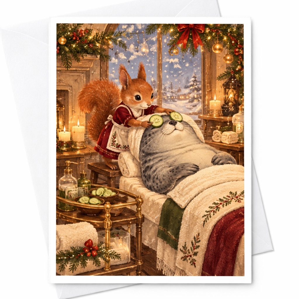 Squirrel And Seal Spa Scene Greeting Card Cute Animal Holiday Card Winter Wonderland Cozy Christmas Card For Animal Lover C10370