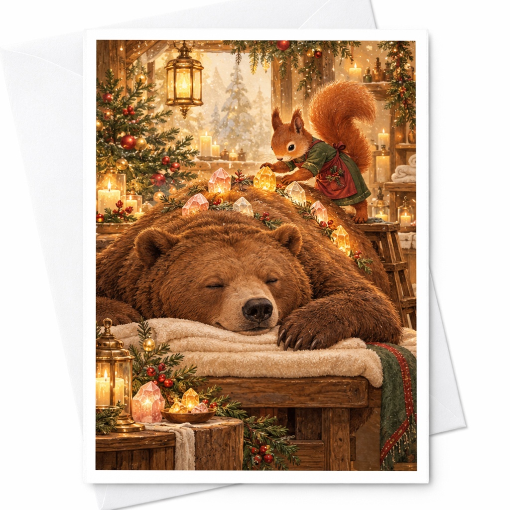Cozy Bear And Squirrel Christmas Card Holiday Greeting Card Woodland Animal Winter Scene Cute Festive Card For Nature Lover C10372