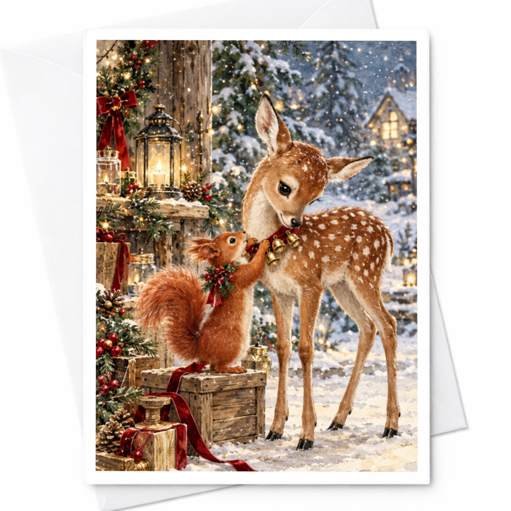 Deer And Squirrel Christmas Card Cute Winter Scene Holiday Greeting Card Woodland Animal Lovers Festive Snowy C10397