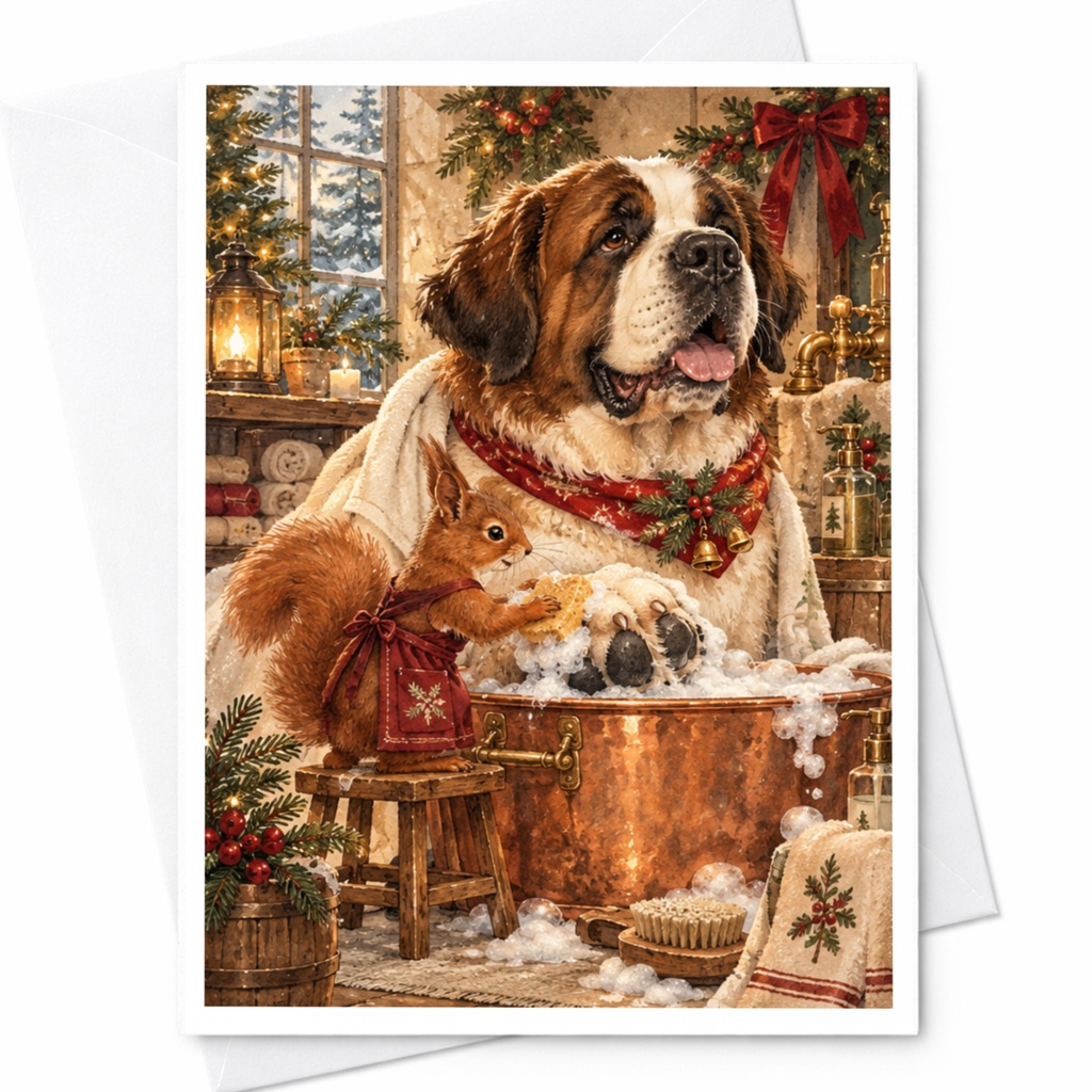 Dog And Squirrel Christmas Card Festive Animal Greeting Card Cute Holiday Card For Dog Lover Winter Scene C10374