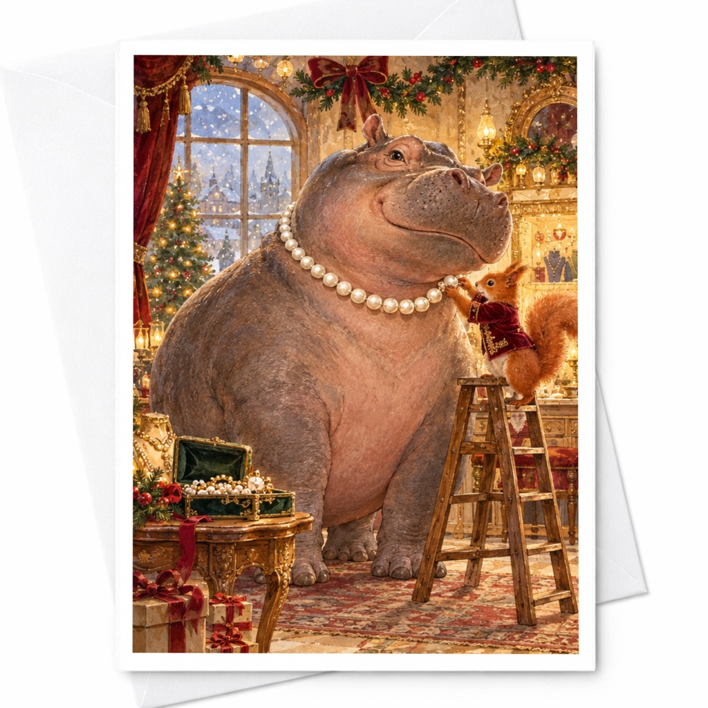 Hippo With Pearls Christmas Card Cute Animal Holiday Greeting Card For Her Festive Squirrel Illustration Winter Wonderland Scene C10398