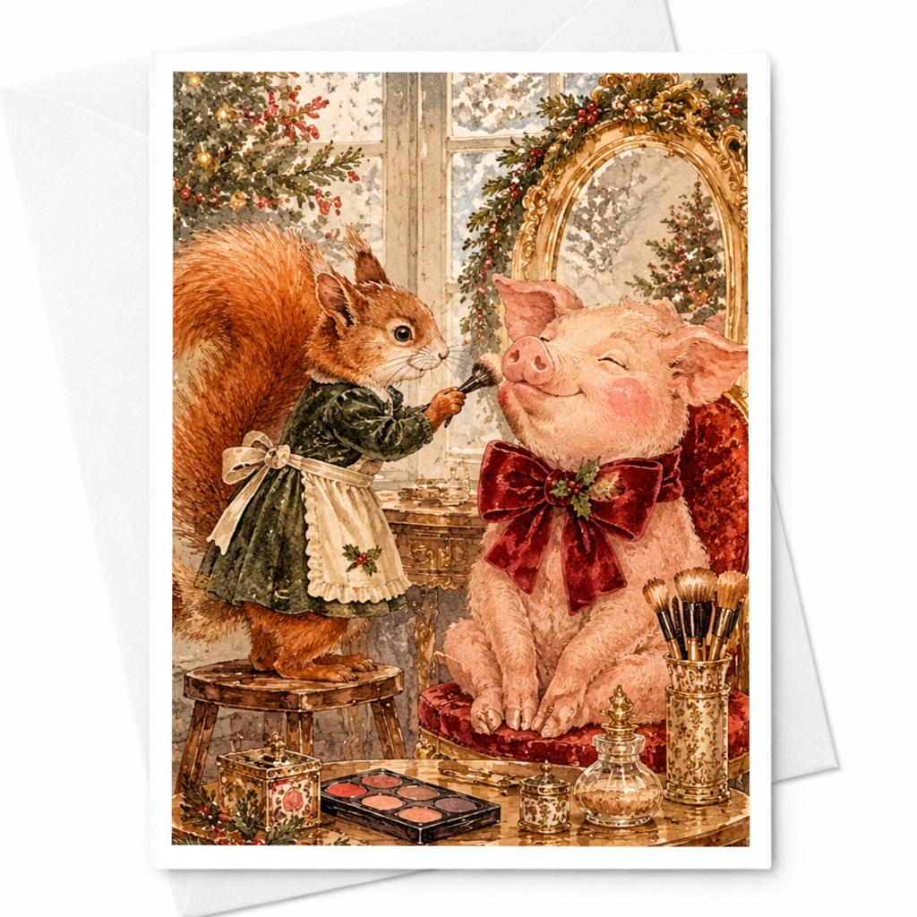 Squirrel And Pig Christmas Card Cute Animal Holiday Greeting Card Woodland Friends Festive Card For Animal Lover C10378