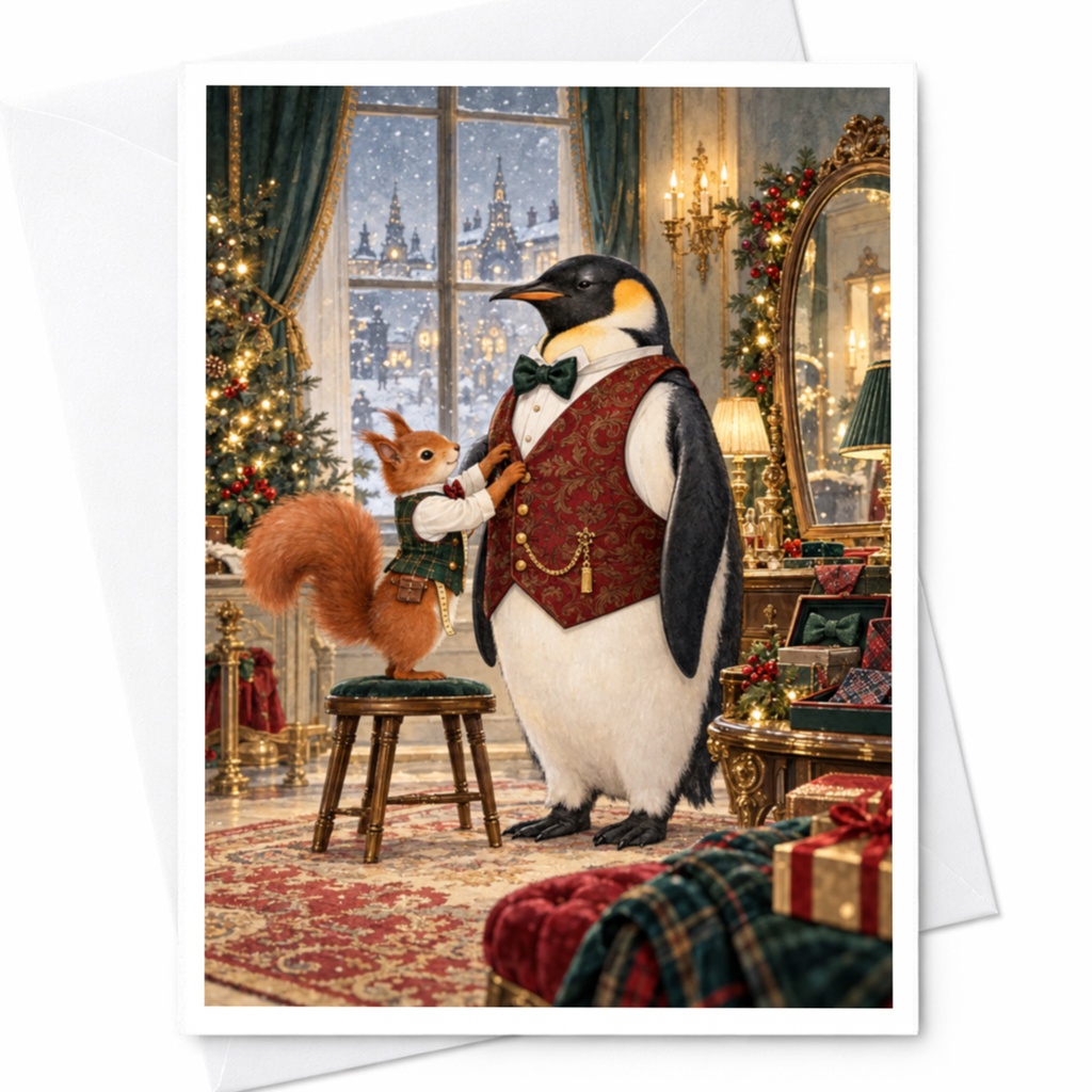 Penguin And Squirrel Christmas Card Festive Animal Greeting Card Cute Holiday Card Winter Wonderland Scene For Animal Lover C10403