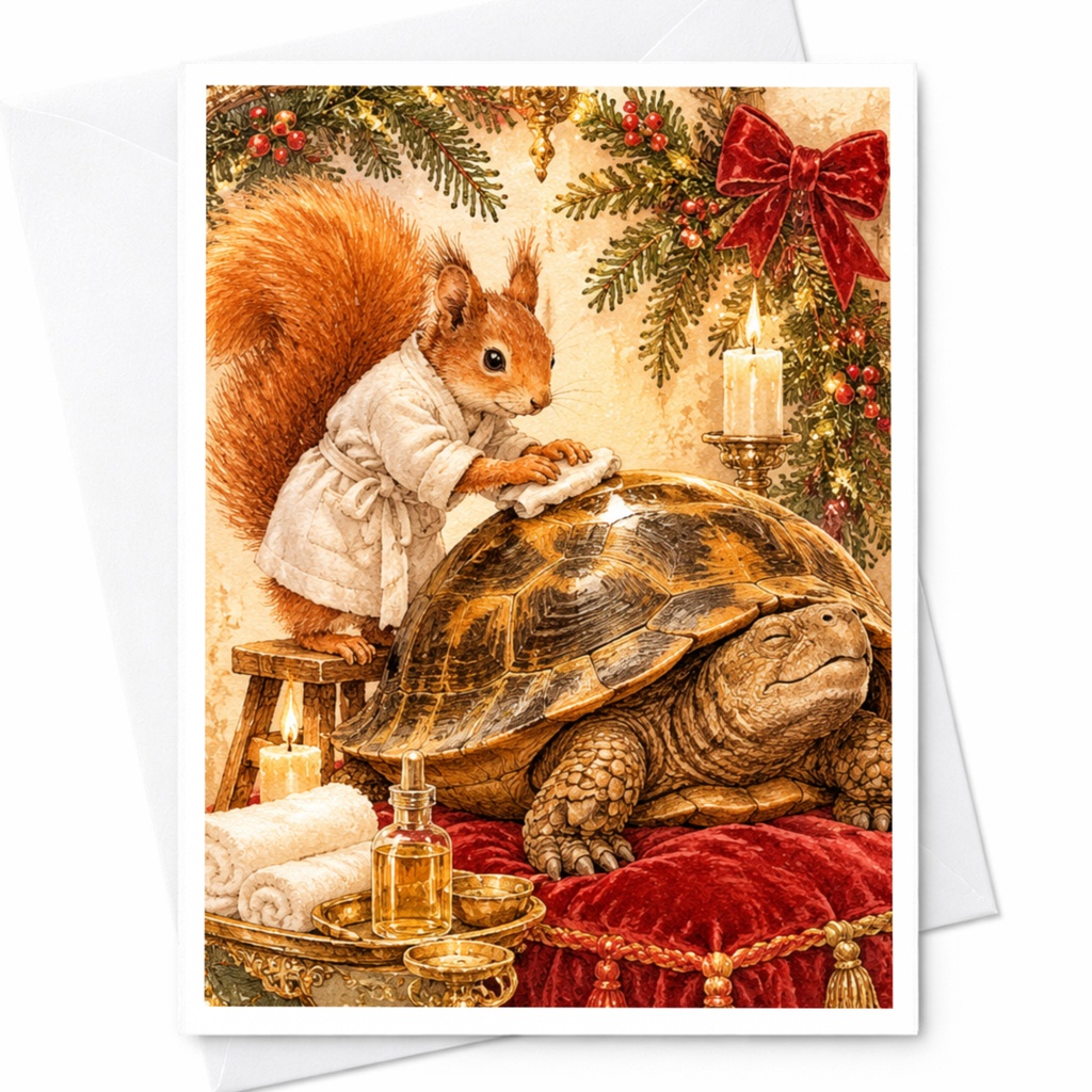 Squirrel And Turtle Spa Scene Blank Greeting Card Cute Animal Card Woodland Creature Card For Animal Lover Relaxation Theme C10404