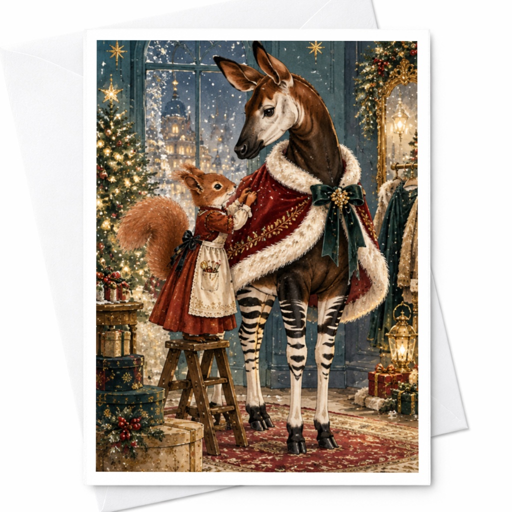 Squirrel And Okapi Christmas Card Festive Animal Greeting Card Holiday Season Cute Woodland Creatures Winter Scene C10407
