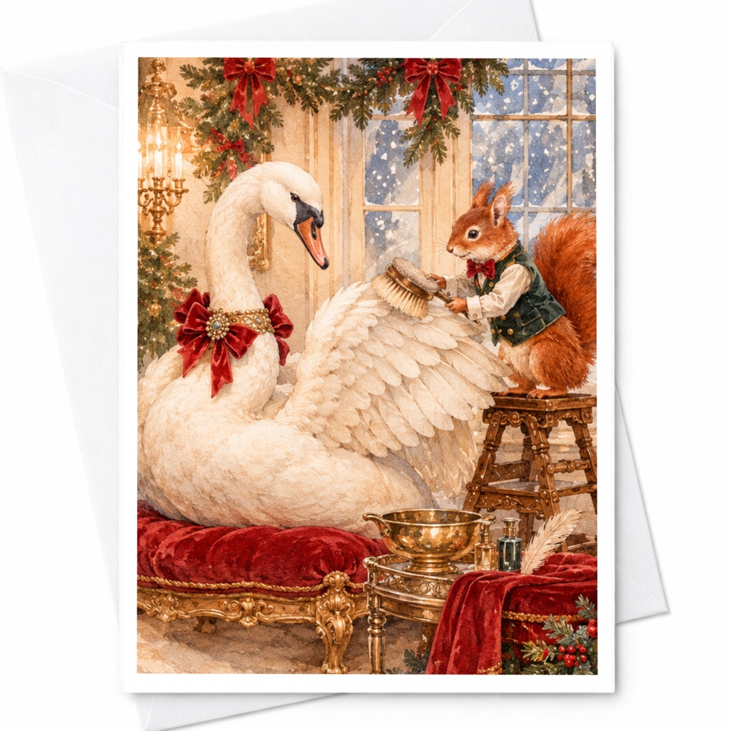 Swan And Squirrel Christmas Card Festive Animal Greeting Card Holiday Card For Animal Lover Cute Winter Scene C10384