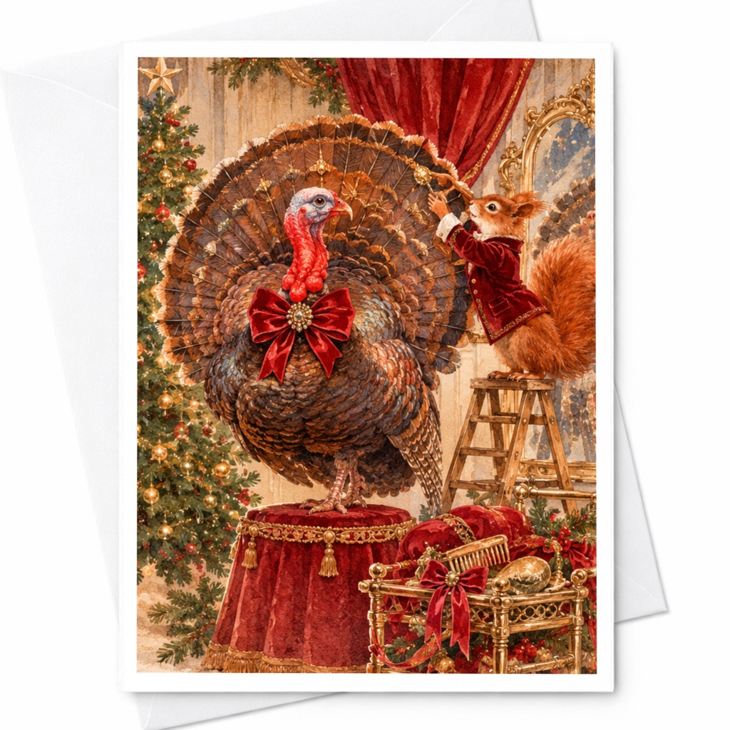Festive Turkey And Squirrel Christmas Card Holiday Greeting Card Cute Animal Illustration For Animal Lover Seasonal Card C10385