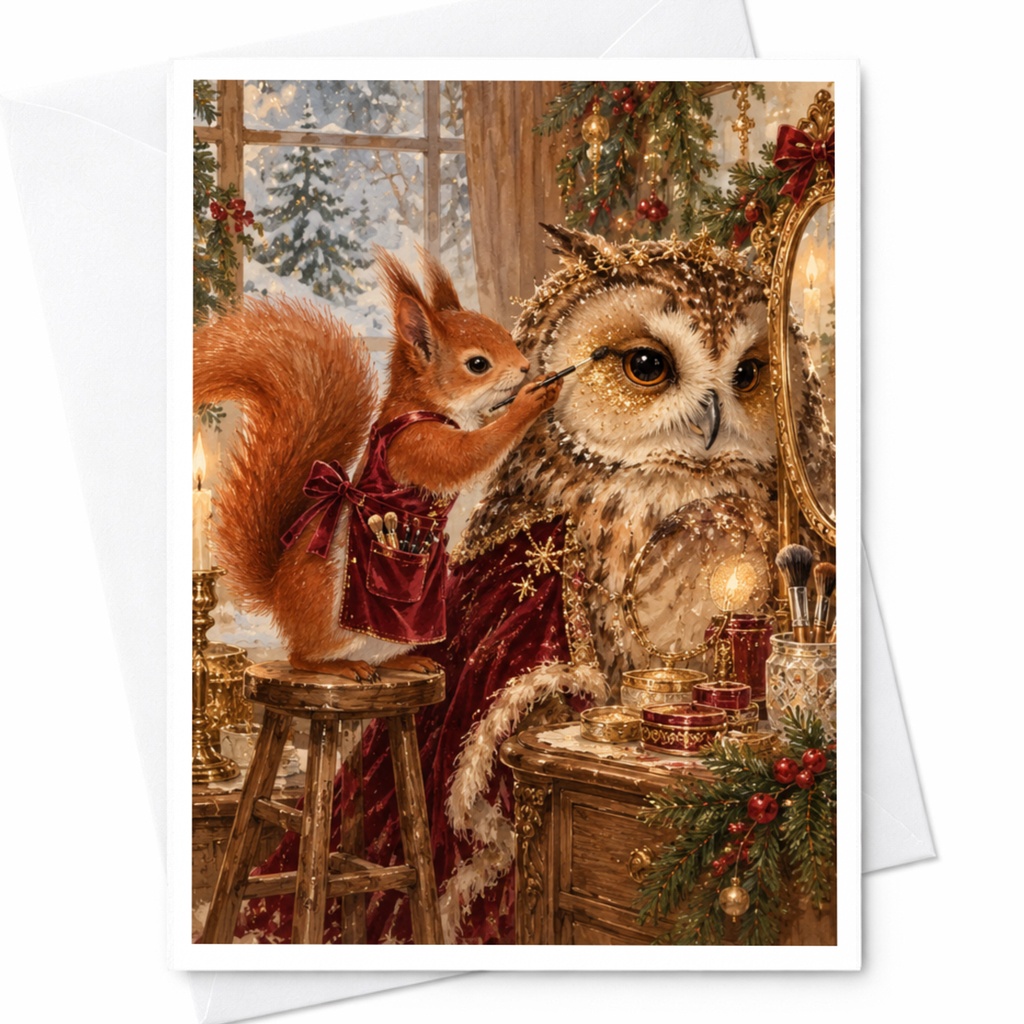 Squirrel And Owl Christmas Card Cute Animal Holiday Greeting Card Woodland Friends Festive Winter Scene For Animal Lover C10388