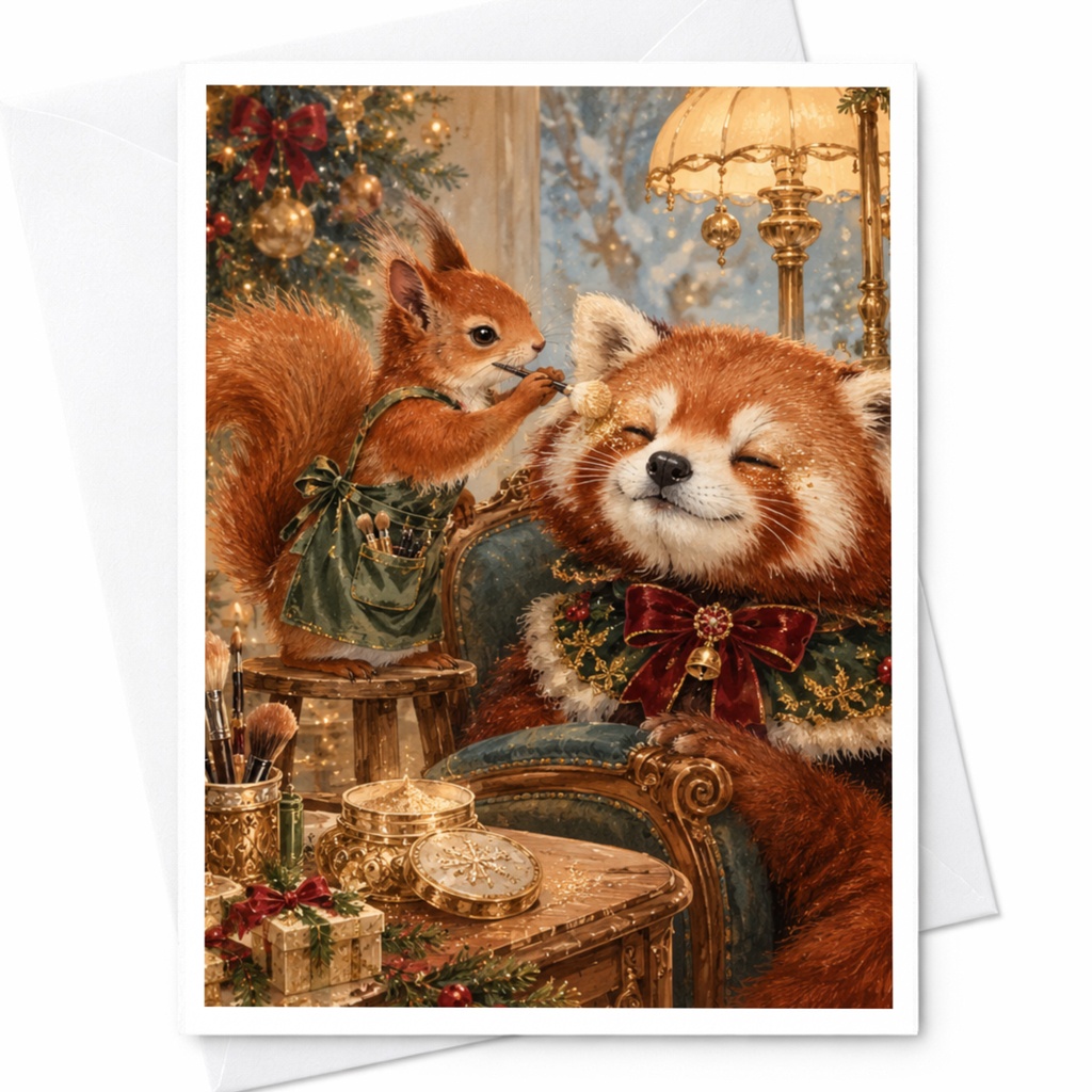 Squirrel And Red Panda Christmas Card Cute Animal Holiday Greeting Card Festive Winter Scene For Animal Lover C10389
