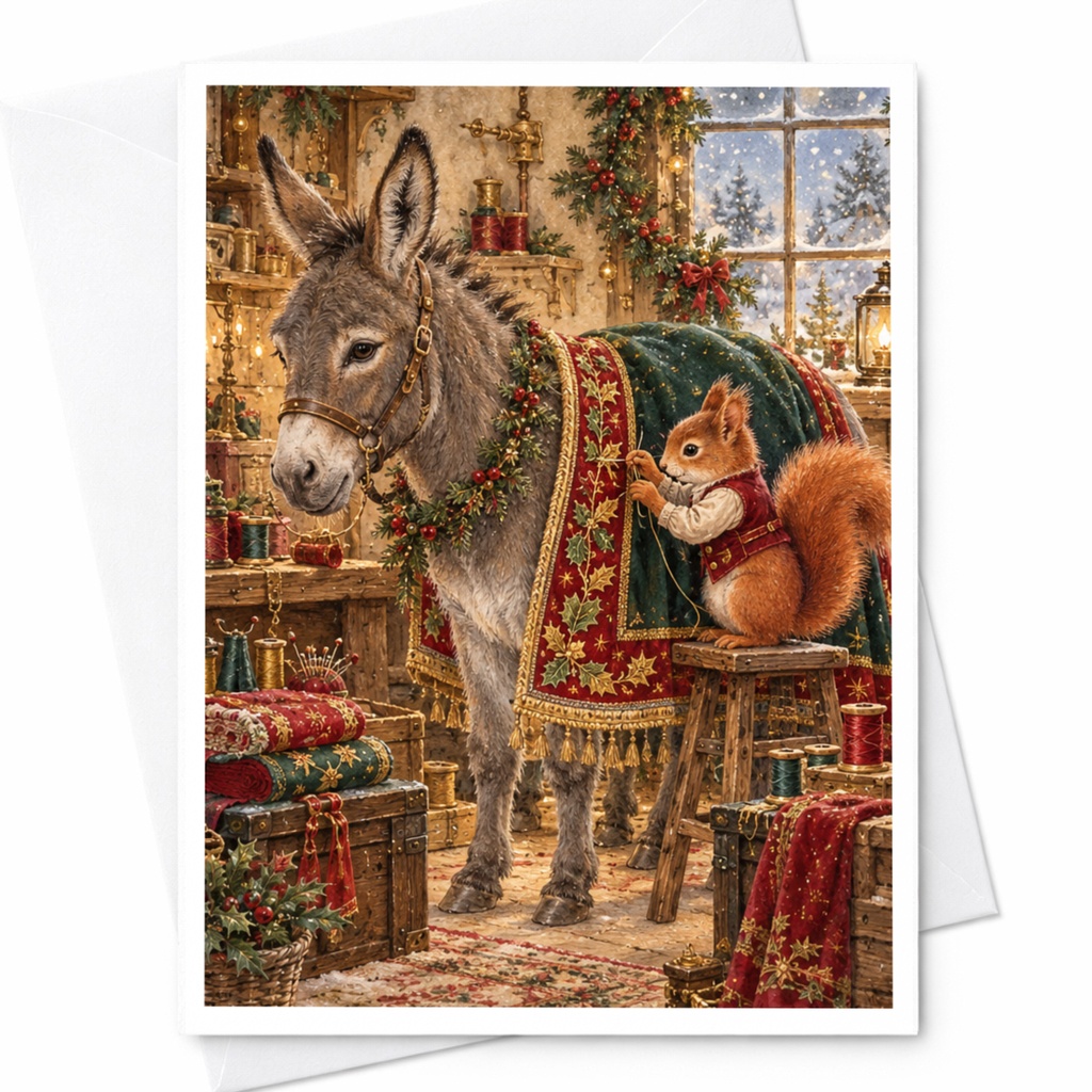 Festive Donkey And Squirrel Christmas Card Cute Animal Holiday Greeting Card For Animal Lover Winter Scene C10390